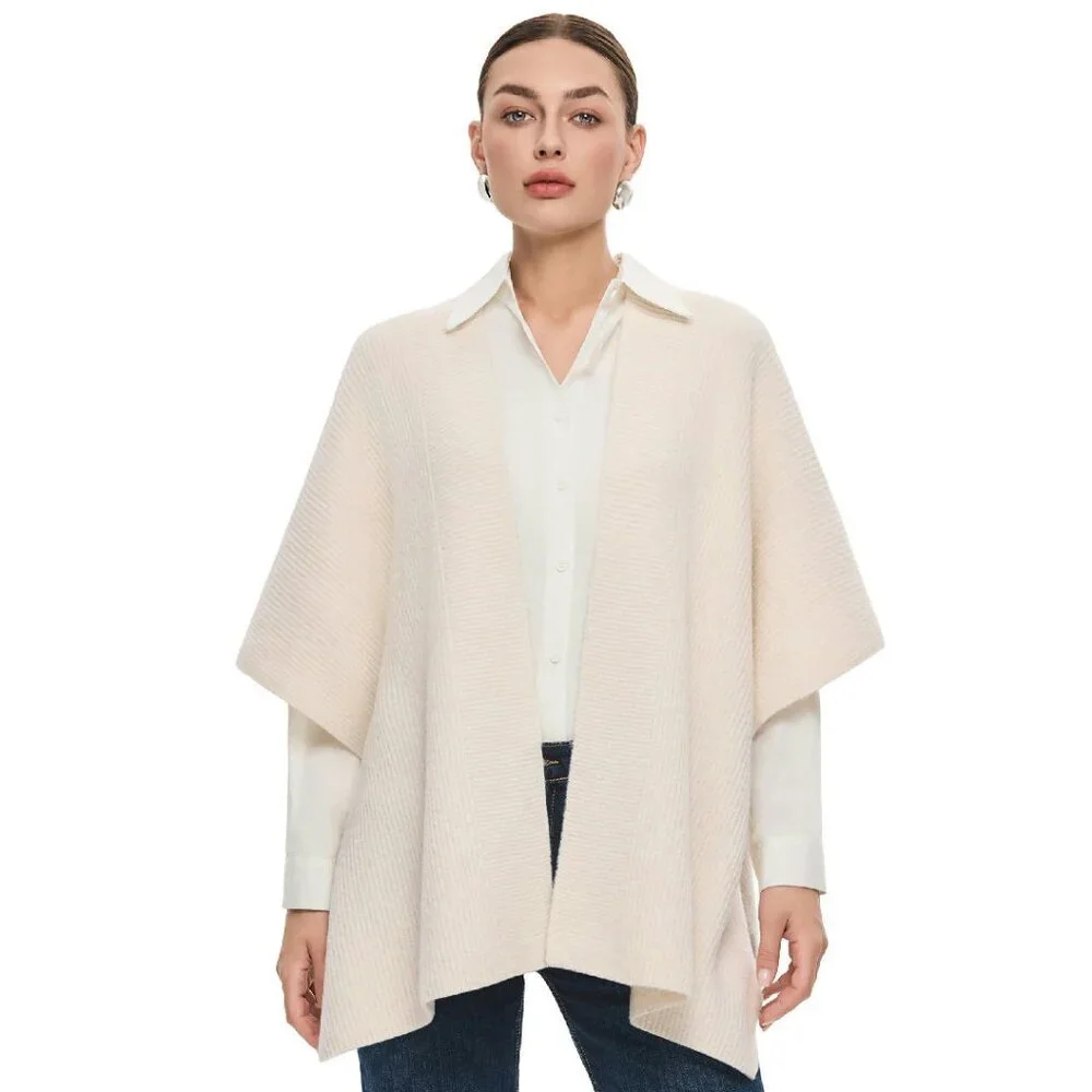Chunky Ribbed Knit Open Front Poncho Wrap One Size Cozy Winter Sweater